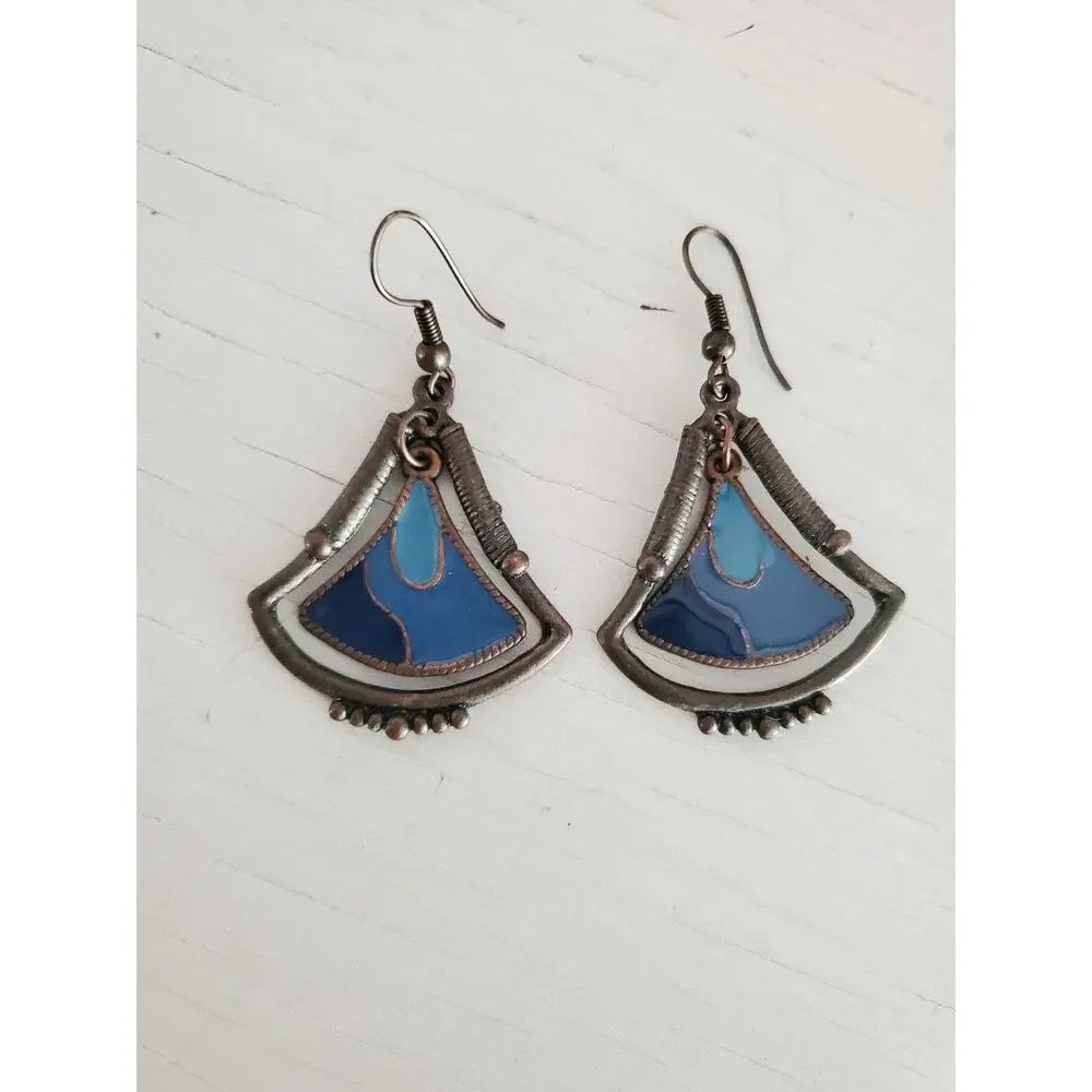 Vintage Silver-tone Blue Enamel Fan Dangle Earrings